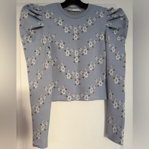 Zara Blue white Floral Puff Sleeve Blouse